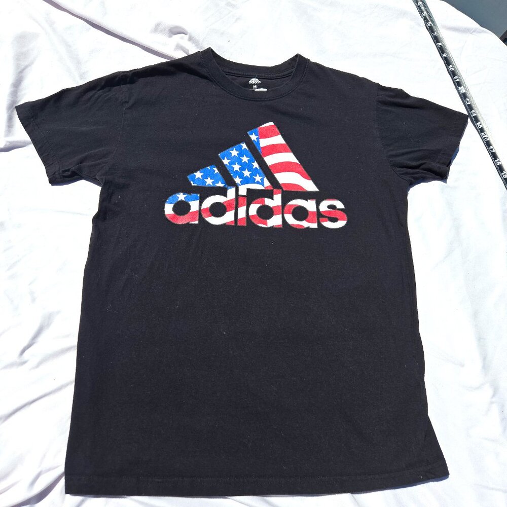 SOLD - Adidas Mens M T-Shirt Black USA Flag Logo Short Sl Tee Athletic Casual